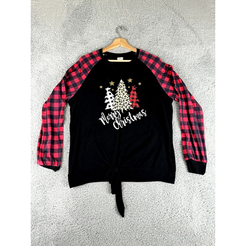 BMG Christmas Shirt Women X Large Black Buffalo Check Christmas Trees Holiday‎